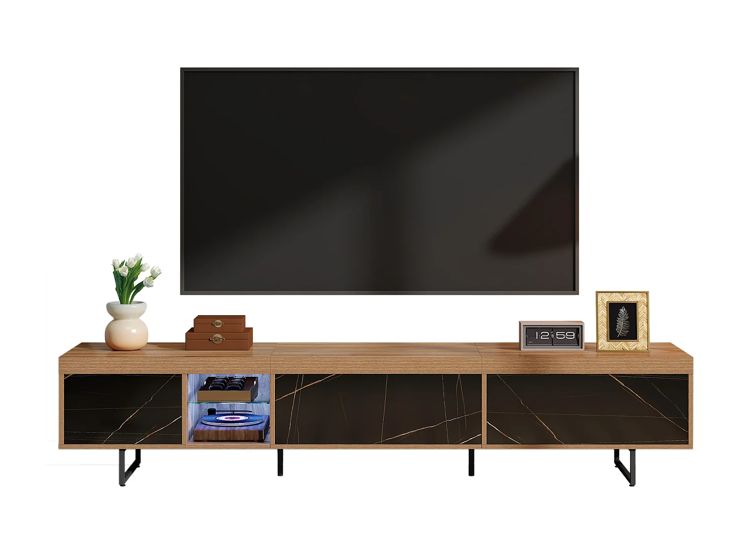 TV-Schrank mit 3 Türen und 2 Nischen - 190 x 38 x 43 cm - LEDs - MDF und Metallbeine - Schwarz + Natur