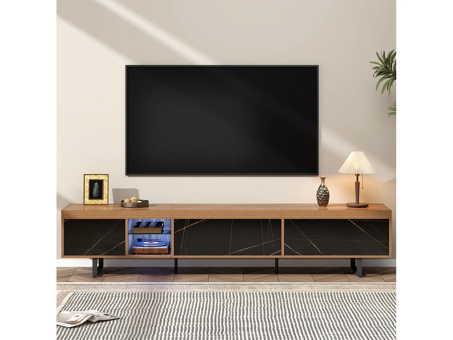 TV-Schrank mit 3 Türen und 2 Nischen - 190 x 38 x 43 cm - LEDs - MDF und Metallbeine - Schwarz + Natur