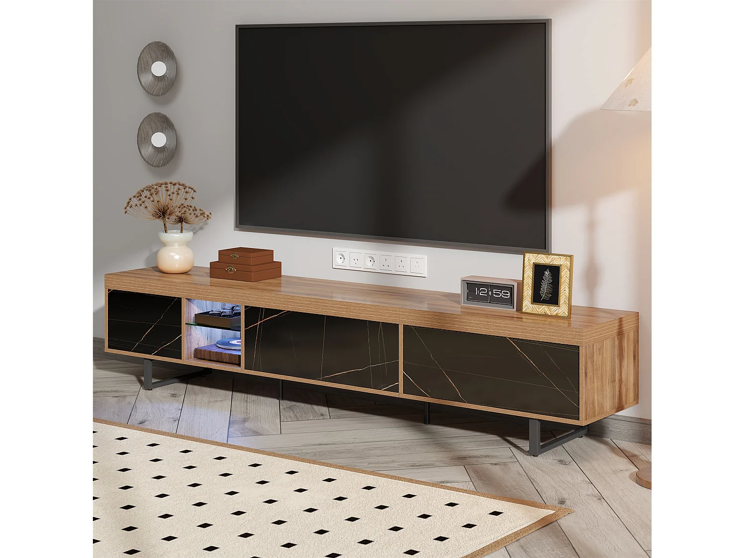TV-Schrank mit 3 Türen und 2 Nischen - 190 x 38 x 43 cm - LEDs - MDF und Metallbeine - Schwarz + Natur