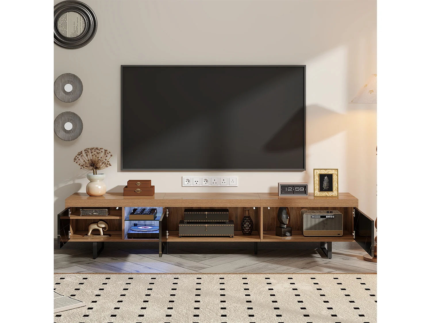 TV-Schrank mit 3 Türen und 2 Nischen - 190 x 38 x 43 cm - LEDs - MDF und Metallbeine - Schwarz + Natur