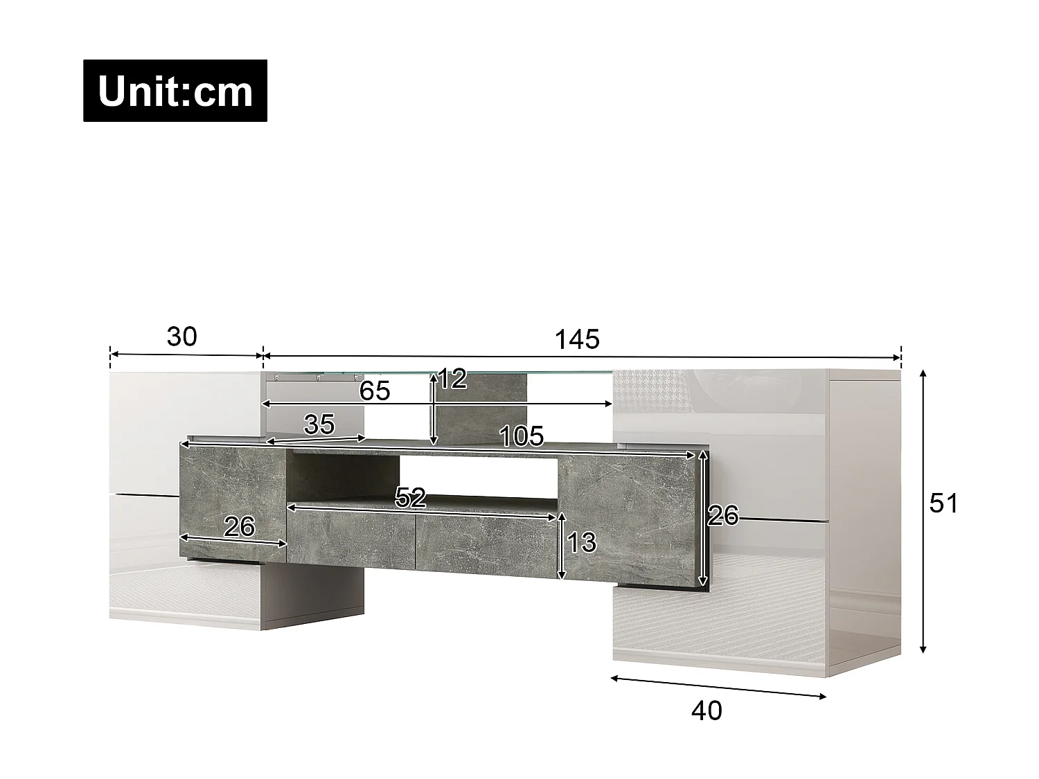Meuble TV avec 4 portes et 2 tiroirs - 145 x 30 x 51 cm - LEDs - Panneau de particules - Blanc