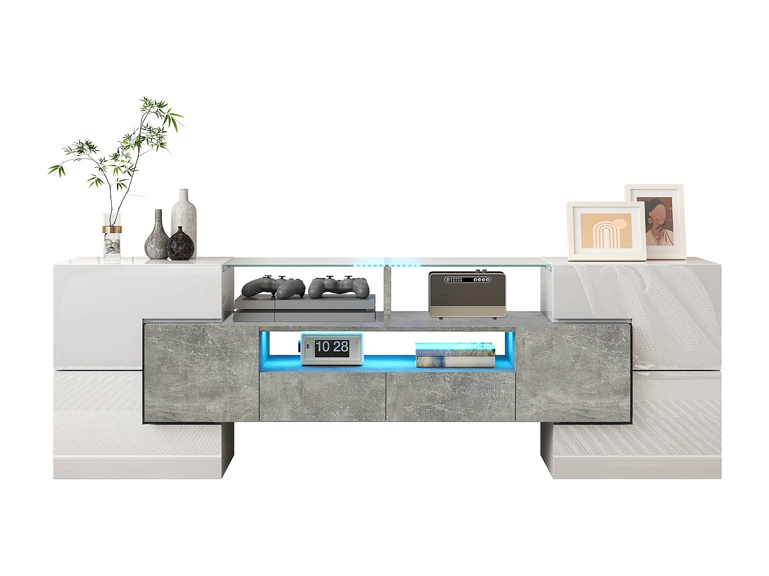 TV-Schrank mit 4 Türen und 2 Schubladen - 145 x 30 x 51 cm - LEDs - Spanplatte - Weiß