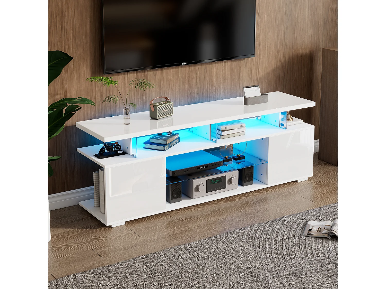 TV-Schrank mit 2 Regalen und 2 Ablagen - 150 x 40 x 53 cm - LEDs - Spanplatte - Weiß