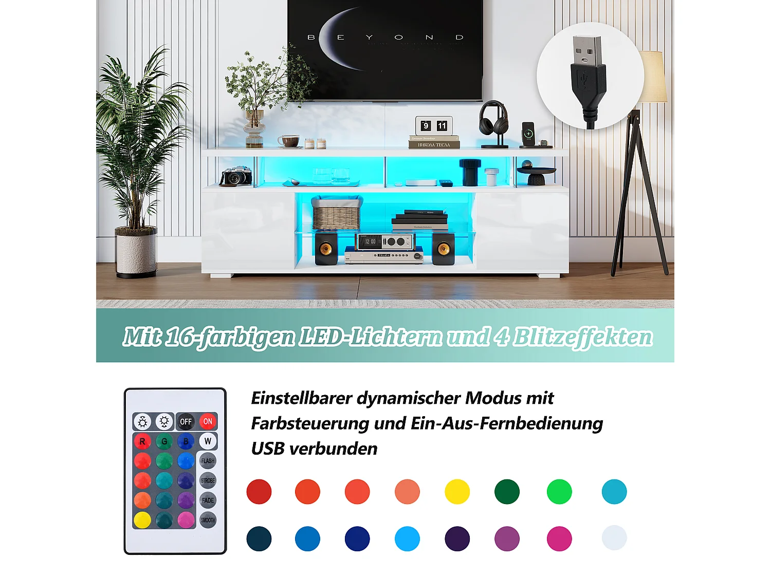 TV-Schrank mit 2 Regalen und 2 Ablagen - 150 x 40 x 53 cm - LEDs - Spanplatte - Weiß