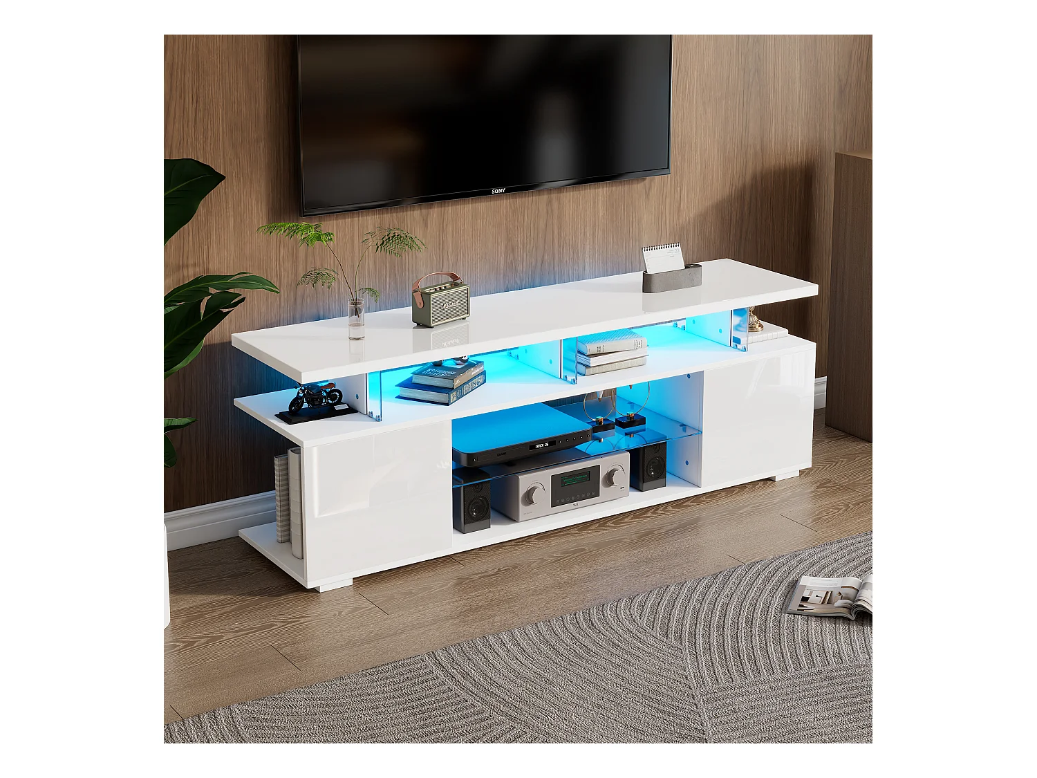 TV-Schrank mit 2 Regalen und 2 Ablagen - 150 x 40 x 53 cm - LEDs - Spanplatte - Weiß