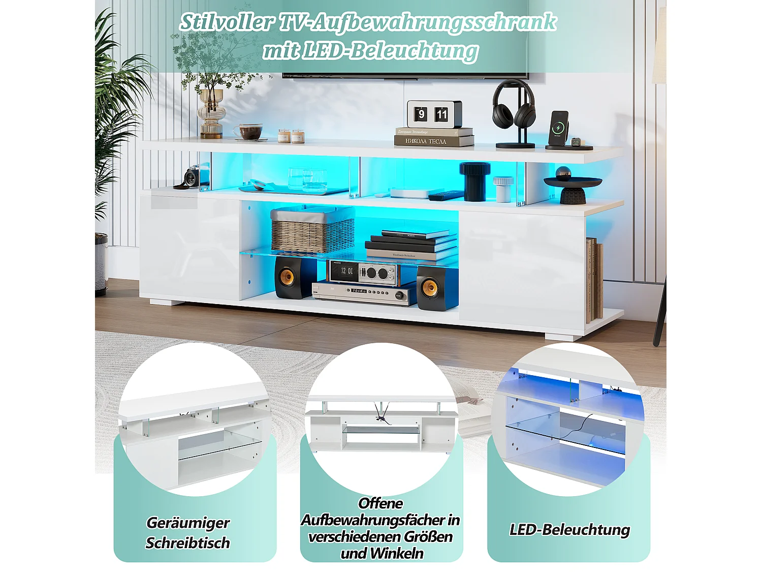 Meuble TV avec 2 étagères et 2 niches de rangement - 150 x 40 x 53 cm - LEDs - Panneaux de particules - Blanc