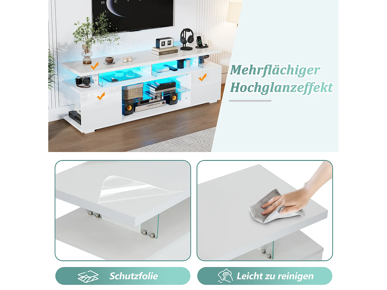 Meuble TV avec 2 étagères et 2 niches de rangement - 150 x 40 x 53 cm - LEDs - Panneaux de particules - Blanc