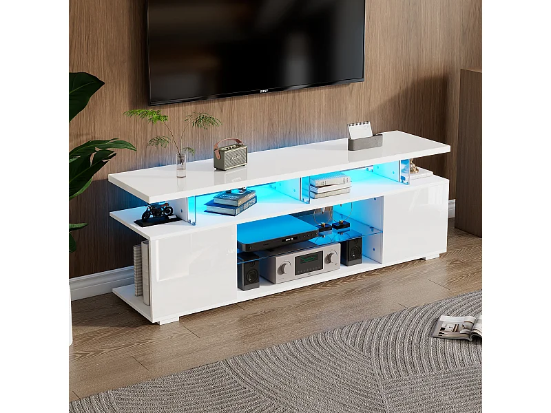 TV-Schrank mit 2 Regalen und 2 Ablagen - 150 x 40 x 53 cm - LEDs - Spanplatte - Weiß