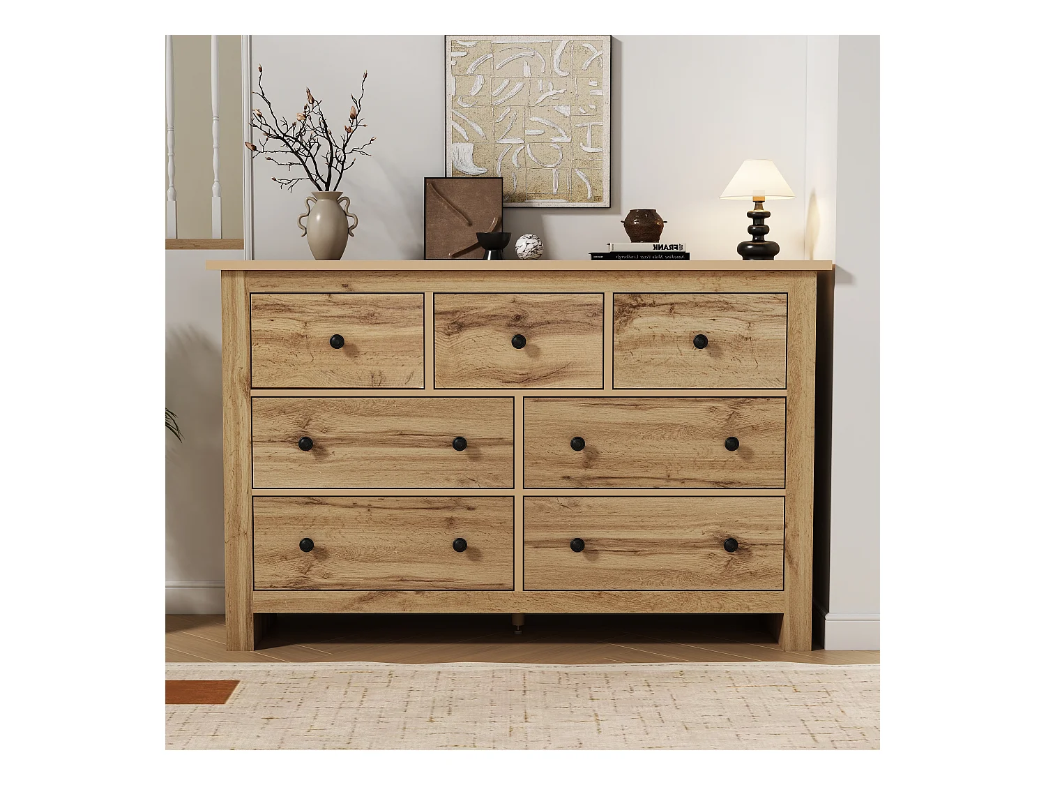 Buffet moderne avec 7 tiroirs - 152 x 40 x 89 cm - Panneaux de particules - pour salle à manger - Coloris bois