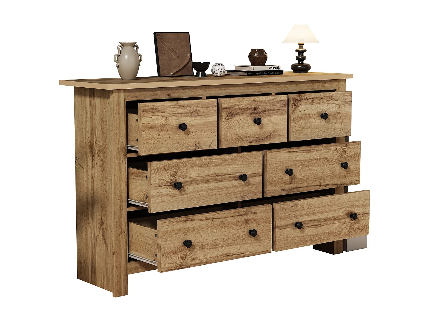 Buffet moderne avec 7 tiroirs - 152 x 40 x 89 cm - Panneaux de particules - pour salle à manger - Coloris bois