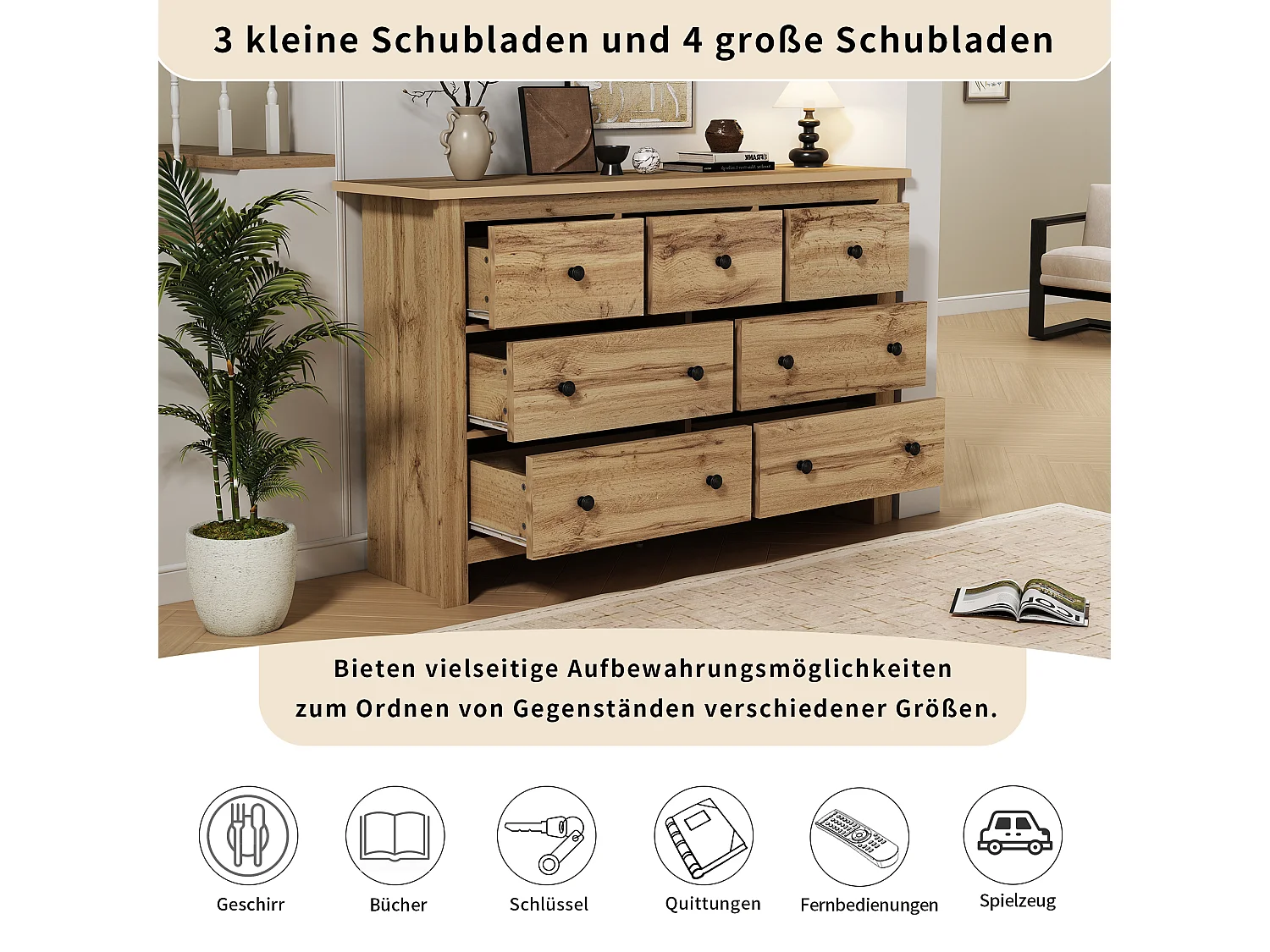 Buffet moderne avec 7 tiroirs - 152 x 40 x 89 cm - Panneaux de particules - pour salle à manger - Coloris bois