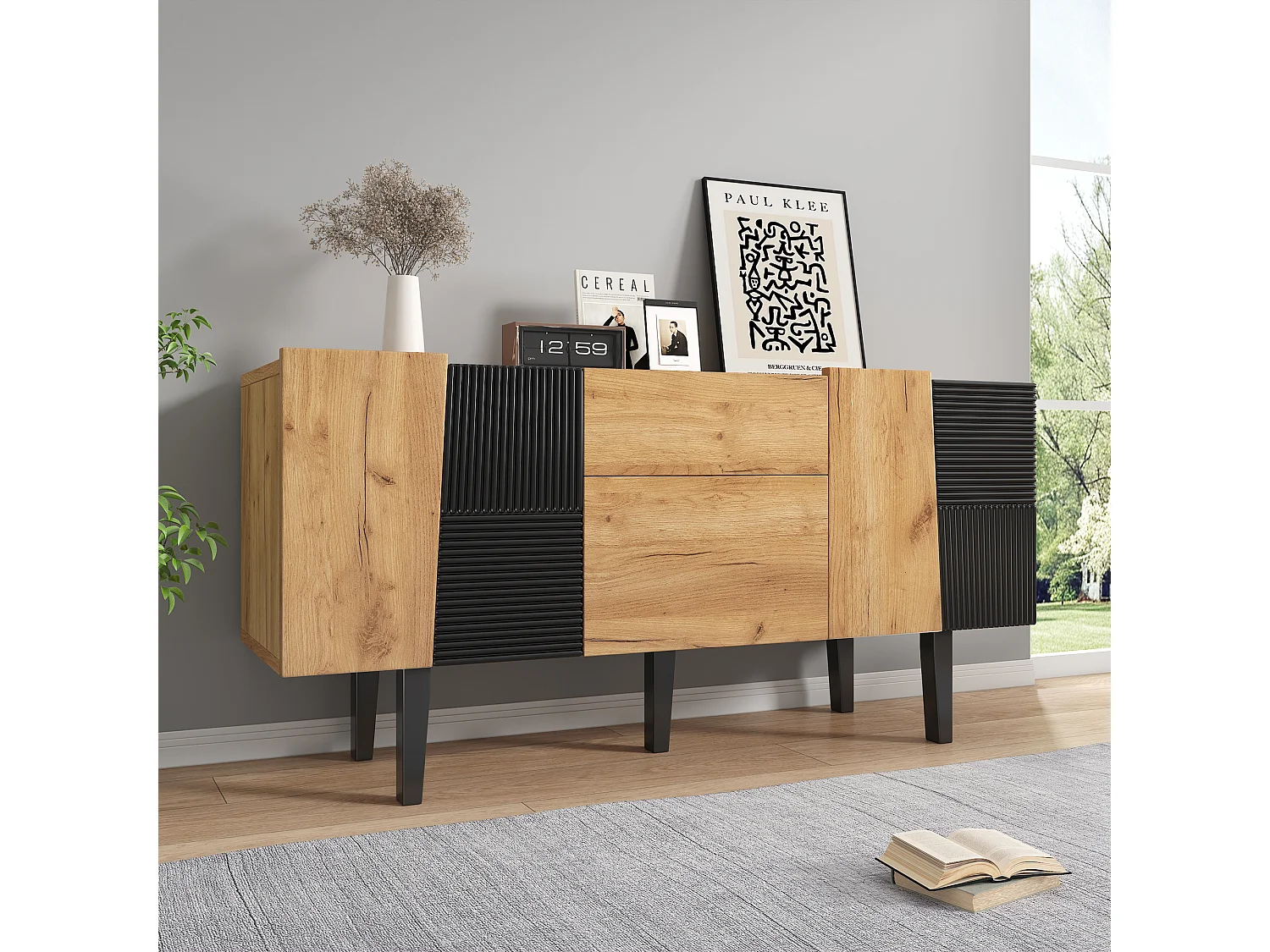 Buffet avec 4 portes et 2 tiroirs, meuble TV - 140 x 40 x 70 cm - Panneaux de particules et pieds en bois massif - Chêne