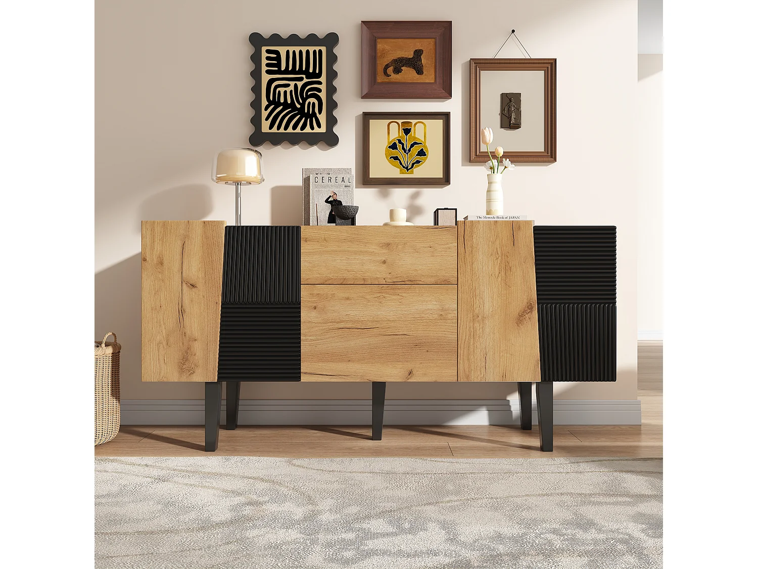 Buffet avec 4 portes et 2 tiroirs, meuble TV - 140 x 40 x 70 cm - Panneaux de particules et pieds en bois massif - Chêne