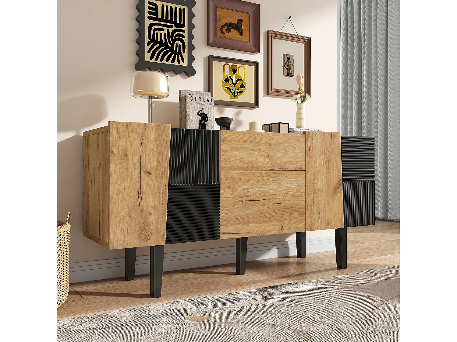 Buffet avec 4 portes et 2 tiroirs, meuble TV - 140 x 40 x 70 cm - Panneaux de particules et pieds en bois massif - Chêne