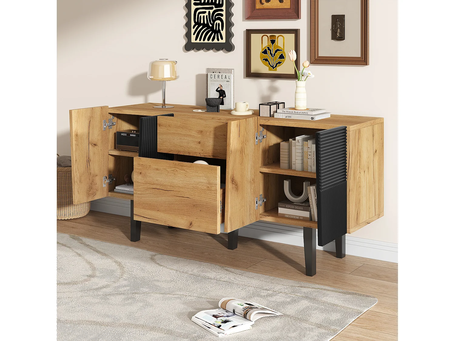 Buffet avec 4 portes et 2 tiroirs, meuble TV - 140 x 40 x 70 cm - Panneaux de particules et pieds en bois massif - Chêne