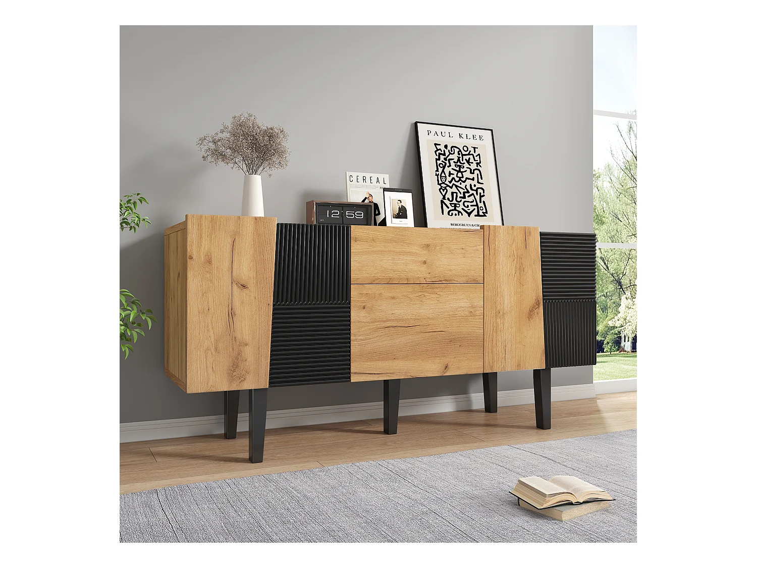 Dressoir met 4 deuren en 2 laden, tv-meubel - 140 x 40 x 70 cm - Spaanplaat en poten van massief hout - Eiken