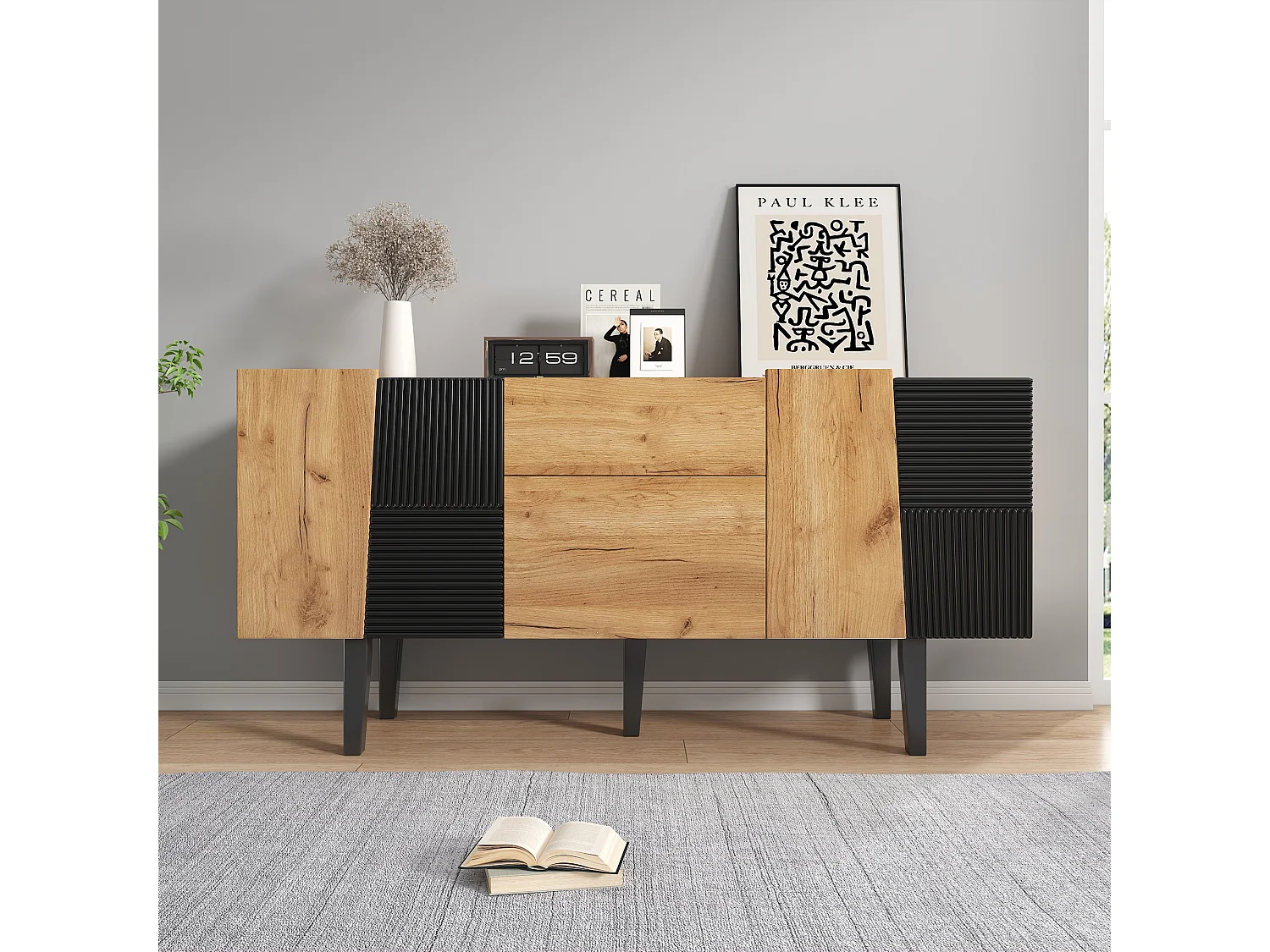 Sideboard mit 4 Türen und 2 Schubladen, TV-Schrank - 140 x 40 x 70 cm - Spanplatte und Massivholzbeine - Eiche