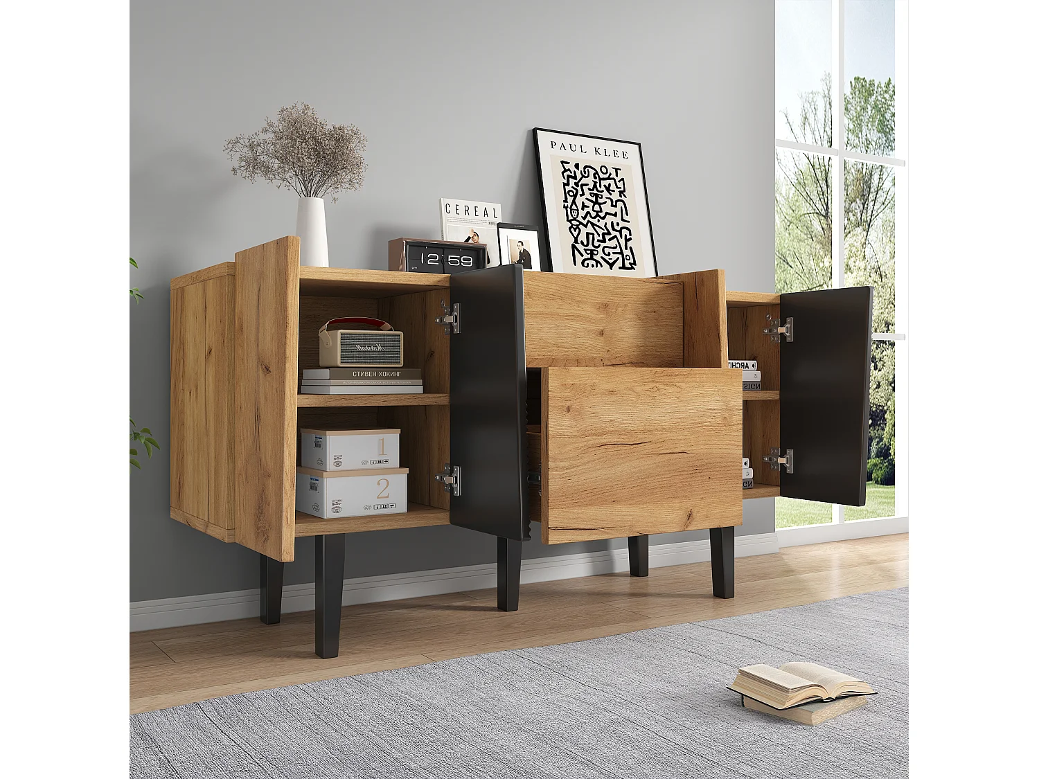 Sideboard mit 4 Türen und 2 Schubladen, TV-Schrank - 140 x 40 x 70 cm - Spanplatte und Massivholzbeine - Eiche