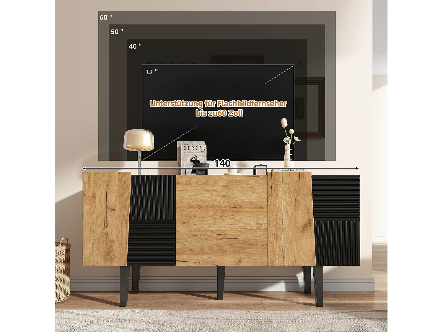 Sideboard mit 4 Türen und 2 Schubladen, TV-Schrank - 140 x 40 x 70 cm - Spanplatte und Massivholzbeine - Eiche