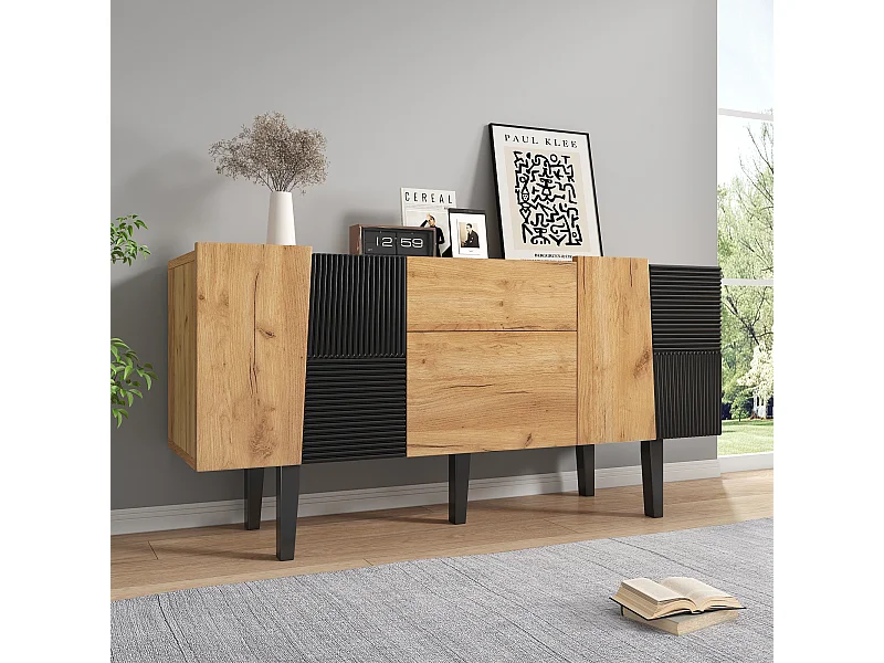 Aparador com 4 portas e 2 gavetas, móvel de TV - 140 x 40 x 70 cm - Aglomerado e pés de madeira maciça - Carvalho