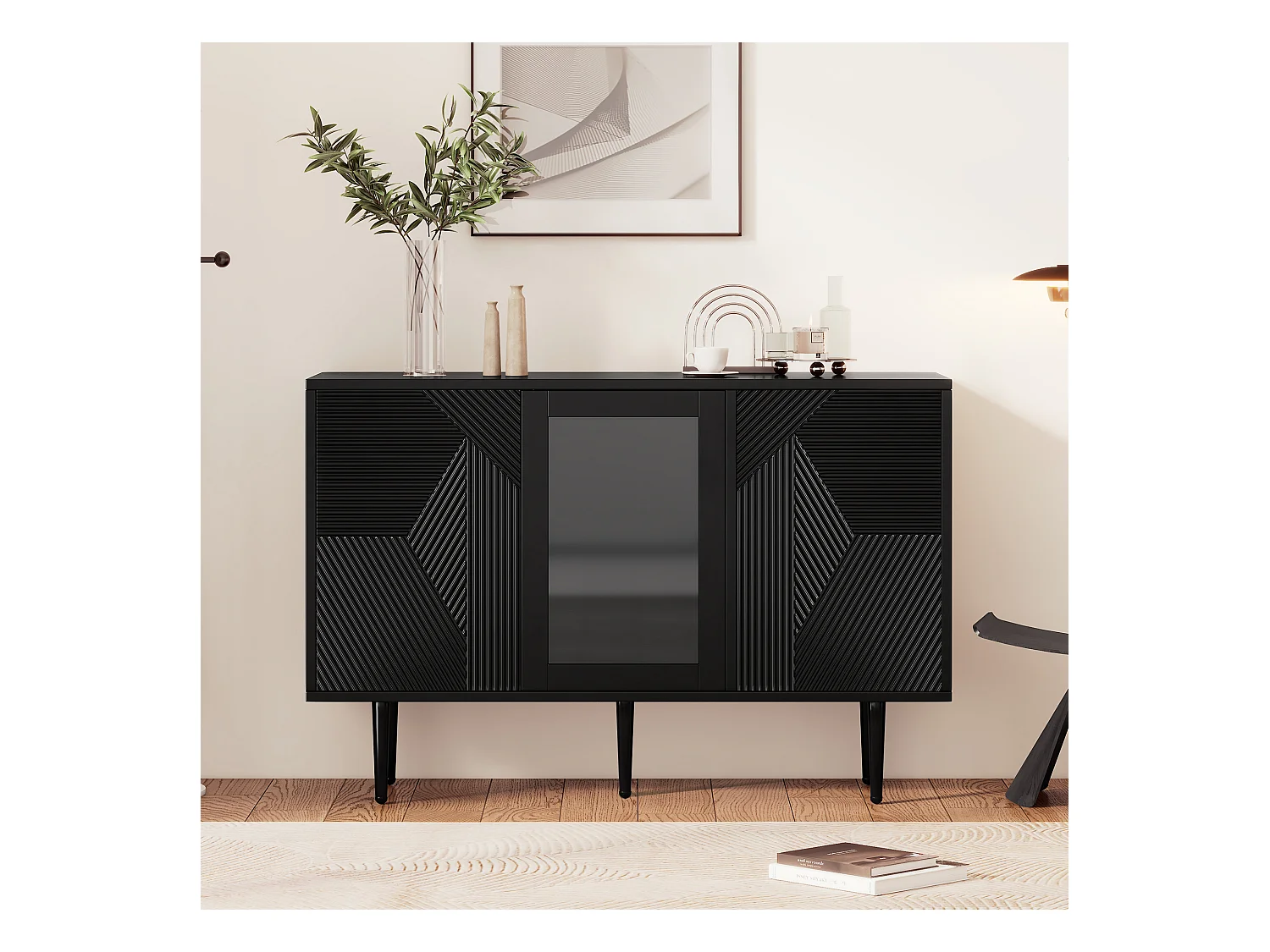 Buffet avec 3 portes - 120 x 38 x 79,5 cm - Panneau de particules et pieds en métal - Noir