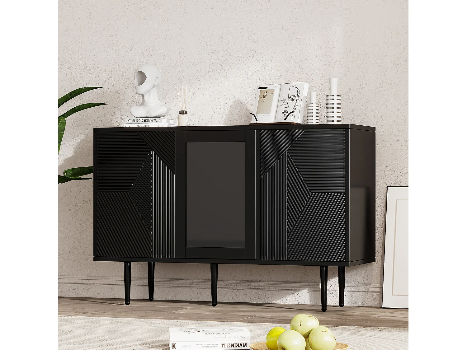 Buffet avec 3 portes - 120 x 38 x 79,5 cm - Panneau de particules et pieds en métal - Noir