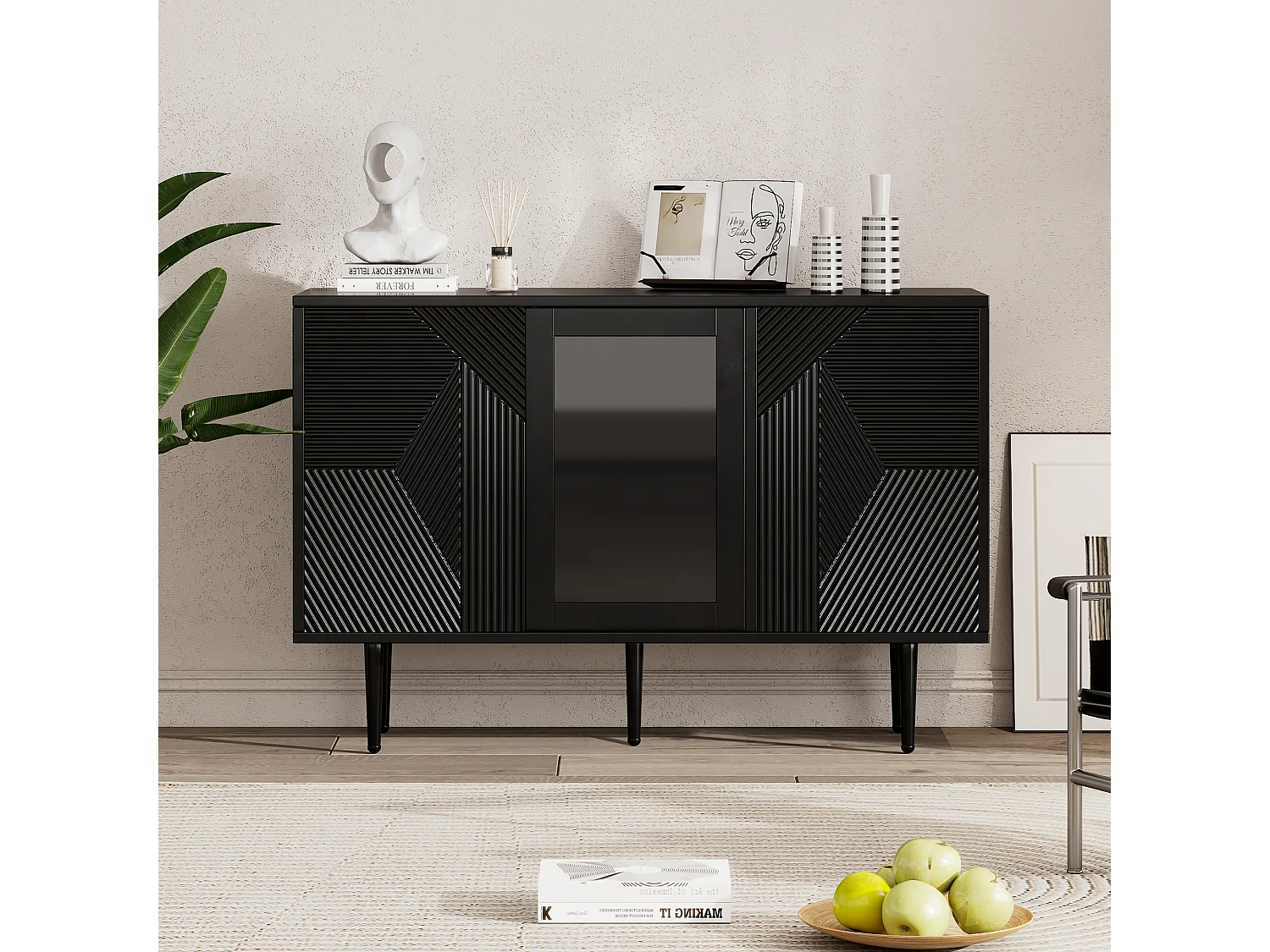 Buffet avec 3 portes - 120 x 38 x 79,5 cm - Panneau de particules et pieds en métal - Noir