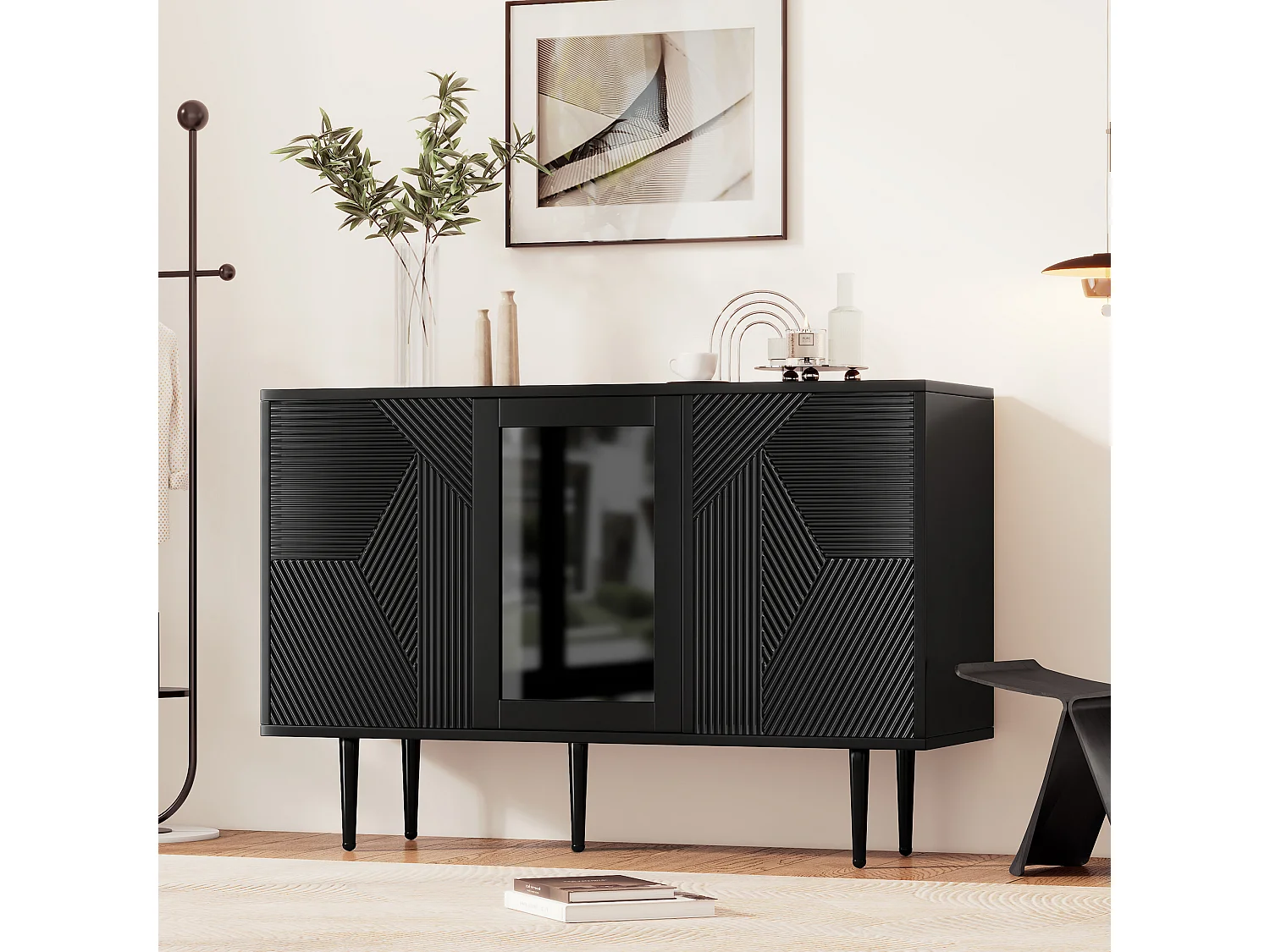 Buffet avec 3 portes - 120 x 38 x 79,5 cm - Panneau de particules et pieds en métal - Noir