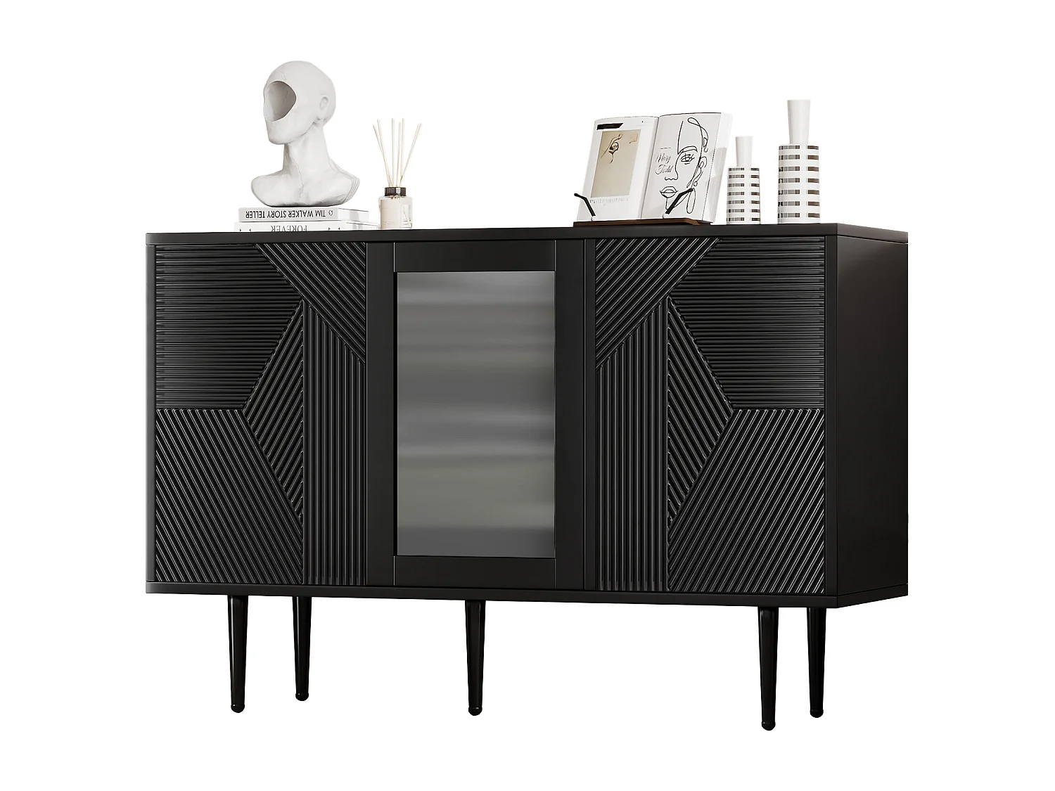 Buffet avec 3 portes - 120 x 38 x 79,5 cm - Panneau de particules et pieds en métal - Noir