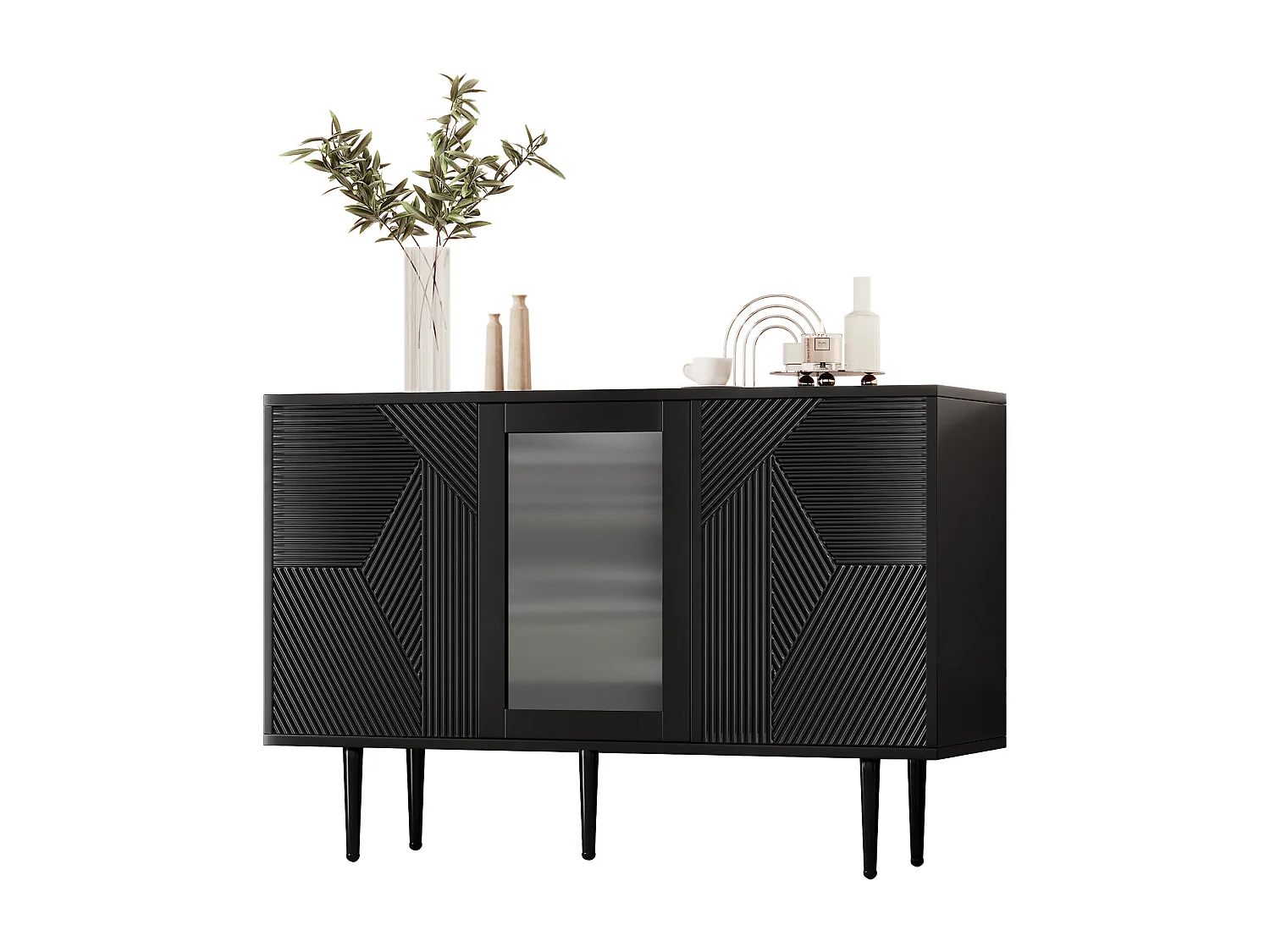 Buffet avec 3 portes - 120 x 38 x 79,5 cm - Panneau de particules et pieds en métal - Noir