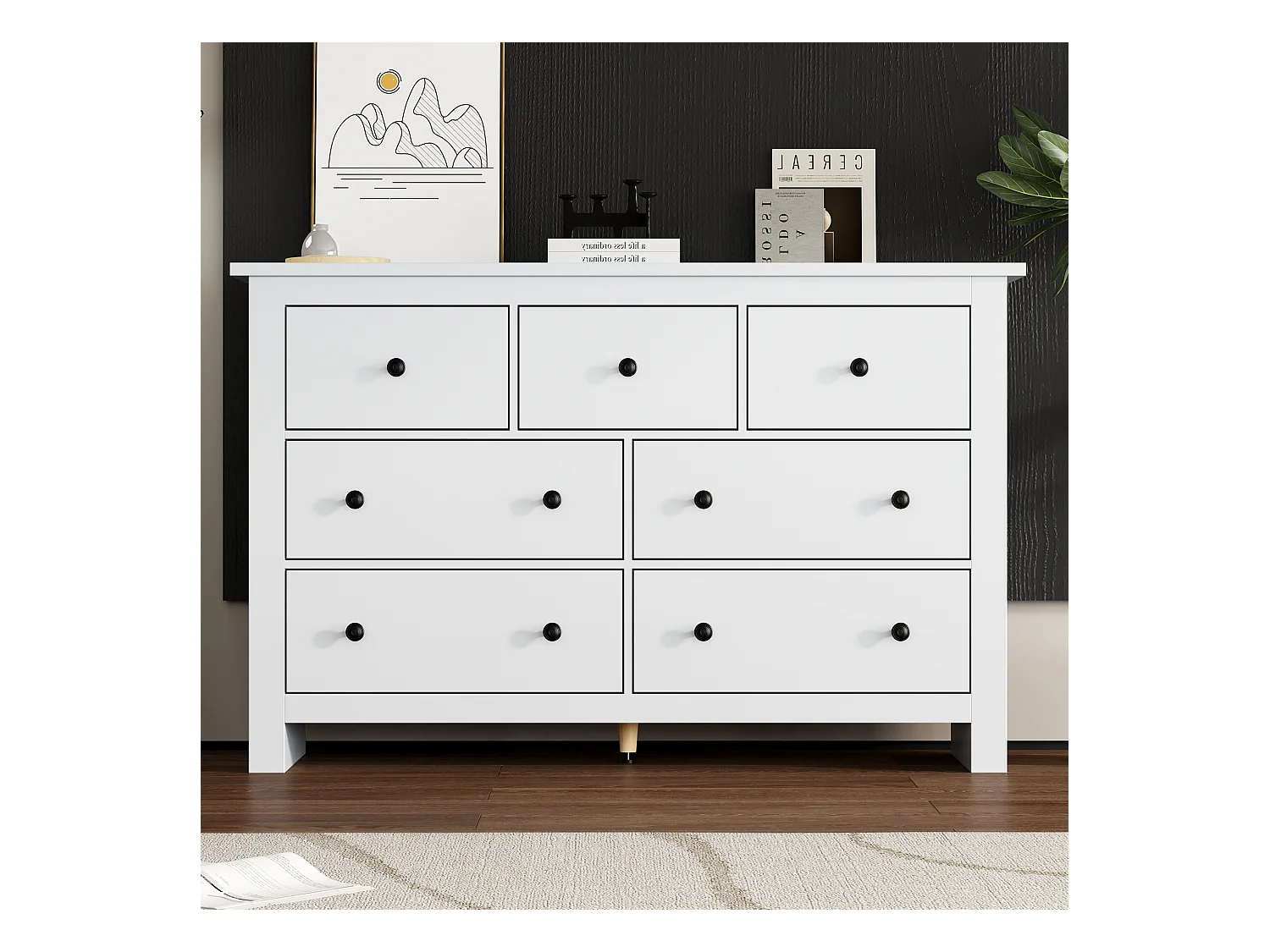 Buffet moderne avec 7 tiroirs - 152 x 40 x 89 cm - Panneaux de particules - pour salle à manger - Blanc