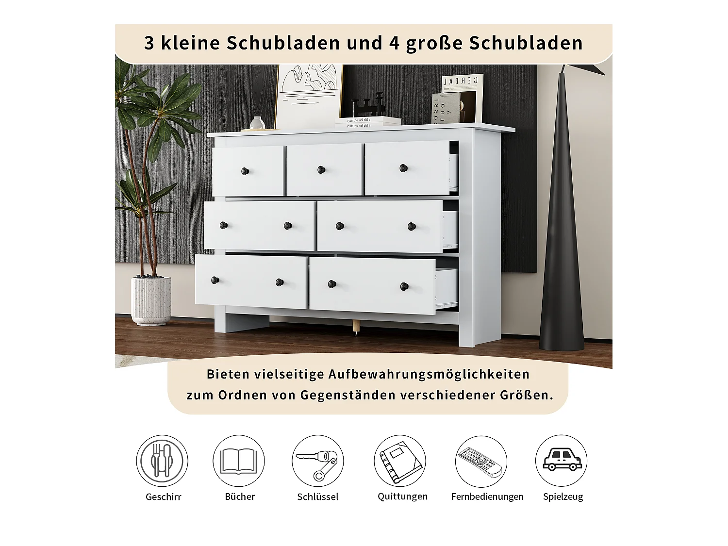 Modernes Sideboard mit 7 Schubladen - 152 x 40 x 89 cm - Spanplatte - für Esszimmer - Weiß