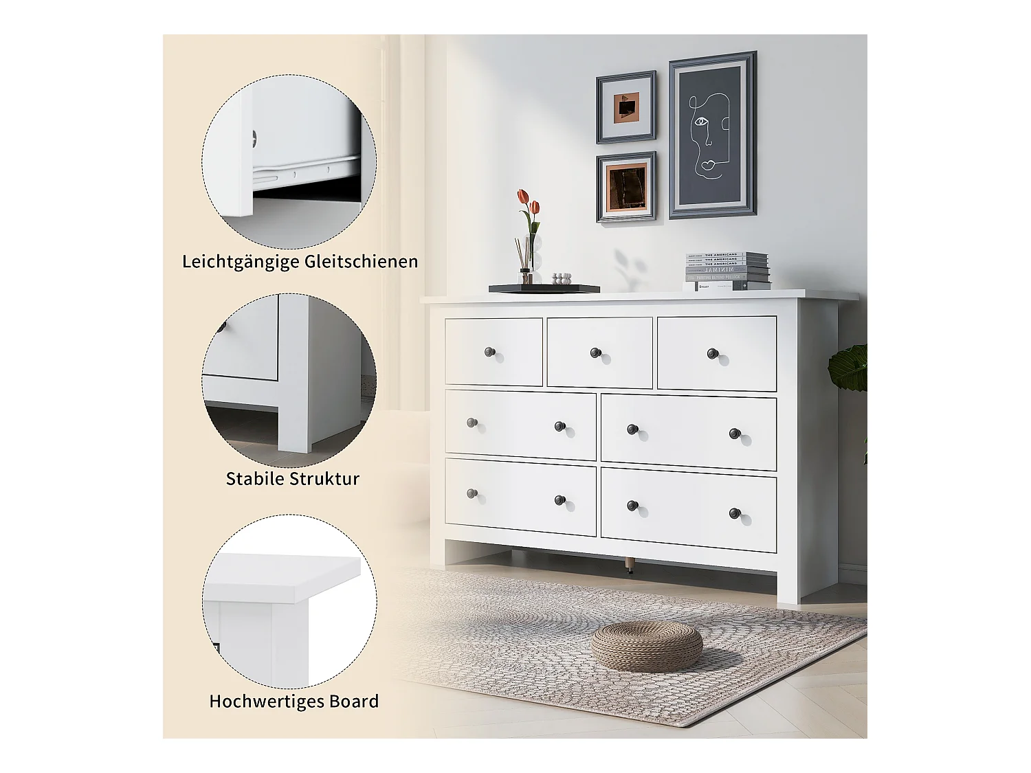 Modernes Sideboard mit 7 Schubladen - 152 x 40 x 89 cm - Spanplatte - für Esszimmer - Weiß