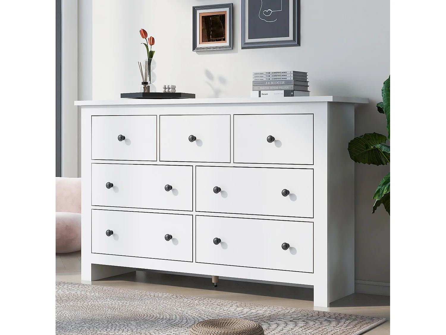 Buffet moderne avec 7 tiroirs - 152 x 40 x 89 cm - Panneaux de particules - pour salle à manger - Blanc