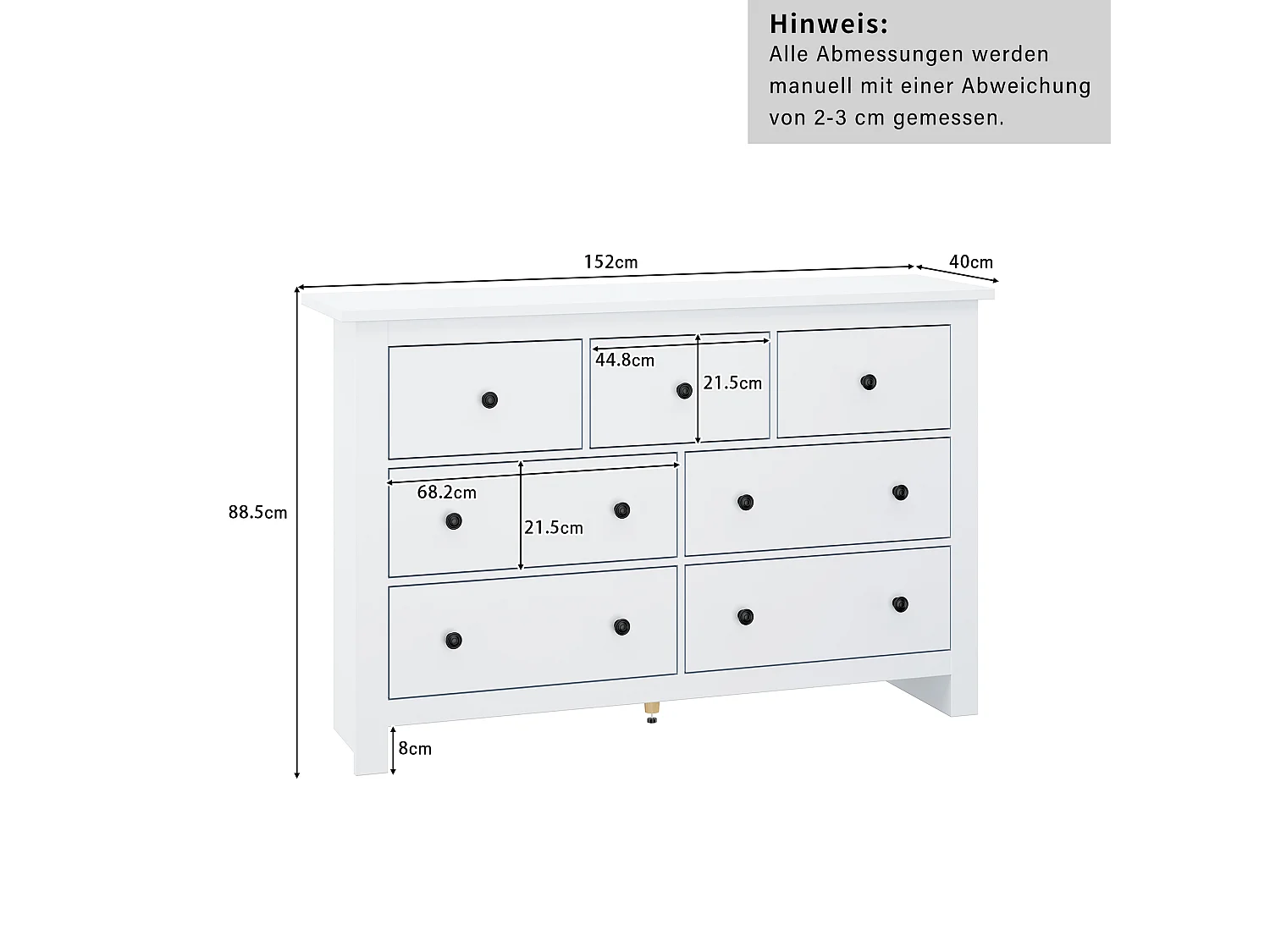 Buffet moderne avec 7 tiroirs - 152 x 40 x 89 cm - Panneaux de particules - pour salle à manger - Blanc