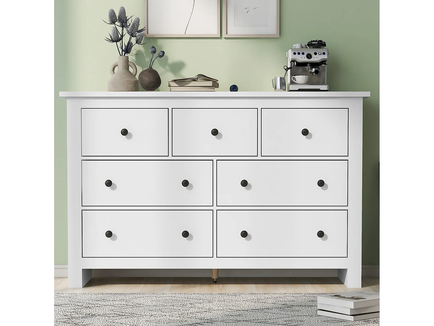 Buffet moderne avec 7 tiroirs - 152 x 40 x 89 cm - Panneaux de particules - pour salle à manger - Blanc