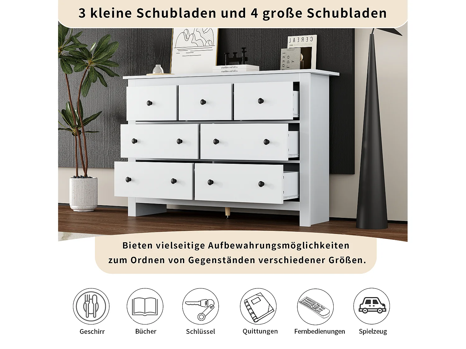 Buffet moderne avec 7 tiroirs - 152 x 40 x 89 cm - Panneaux de particules - pour salle à manger - Blanc