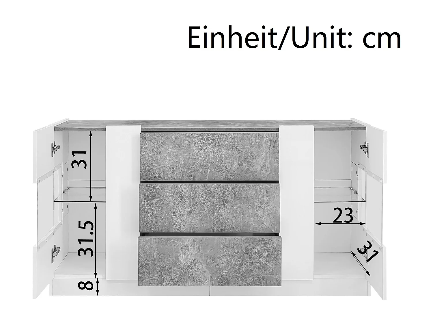 Buffet avec 2 portes et 3 tiroirs - 140 x 35 x 75 cm - MDF et verre - Blanc brillant et aspect marbre gris