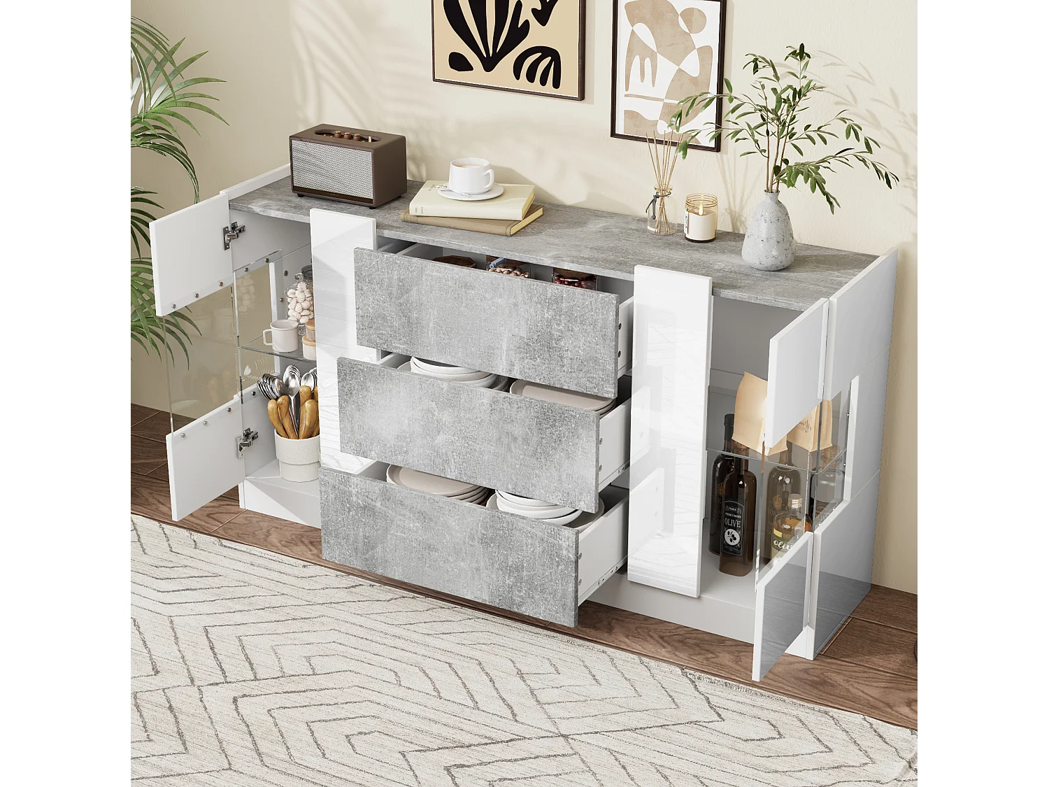 Buffet avec 2 portes et 3 tiroirs - 140 x 35 x 75 cm - MDF et verre - Blanc brillant et aspect marbre gris