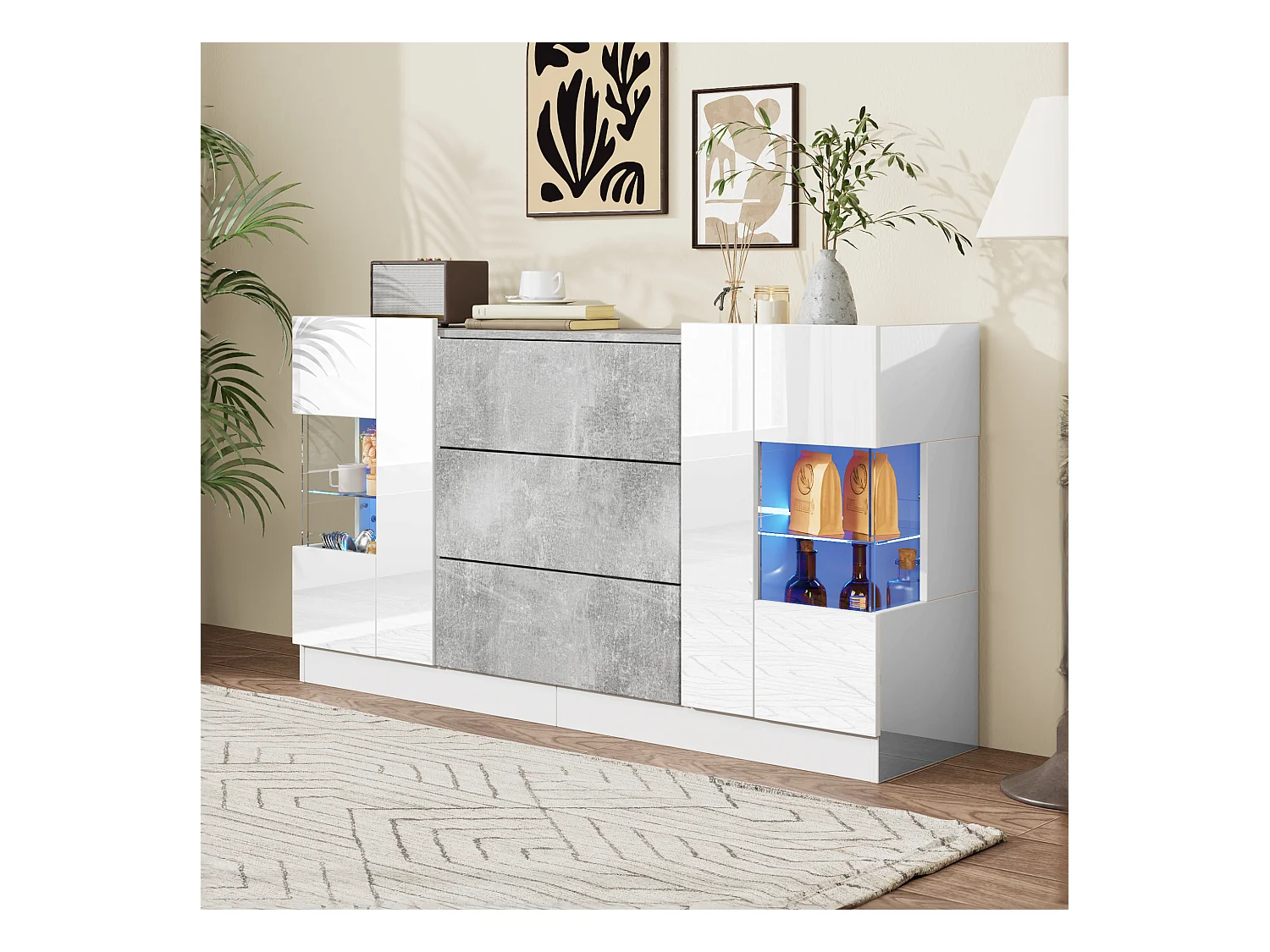 Buffet avec 2 portes et 3 tiroirs - 140 x 35 x 75 cm - MDF et verre - Blanc brillant et aspect marbre gris