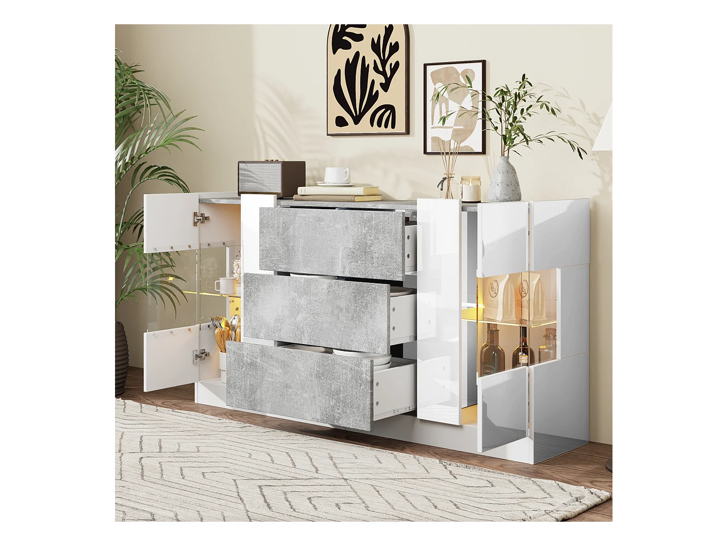 Buffet avec 2 portes et 3 tiroirs - 140 x 35 x 75 cm - MDF et verre - Blanc brillant et aspect marbre gris