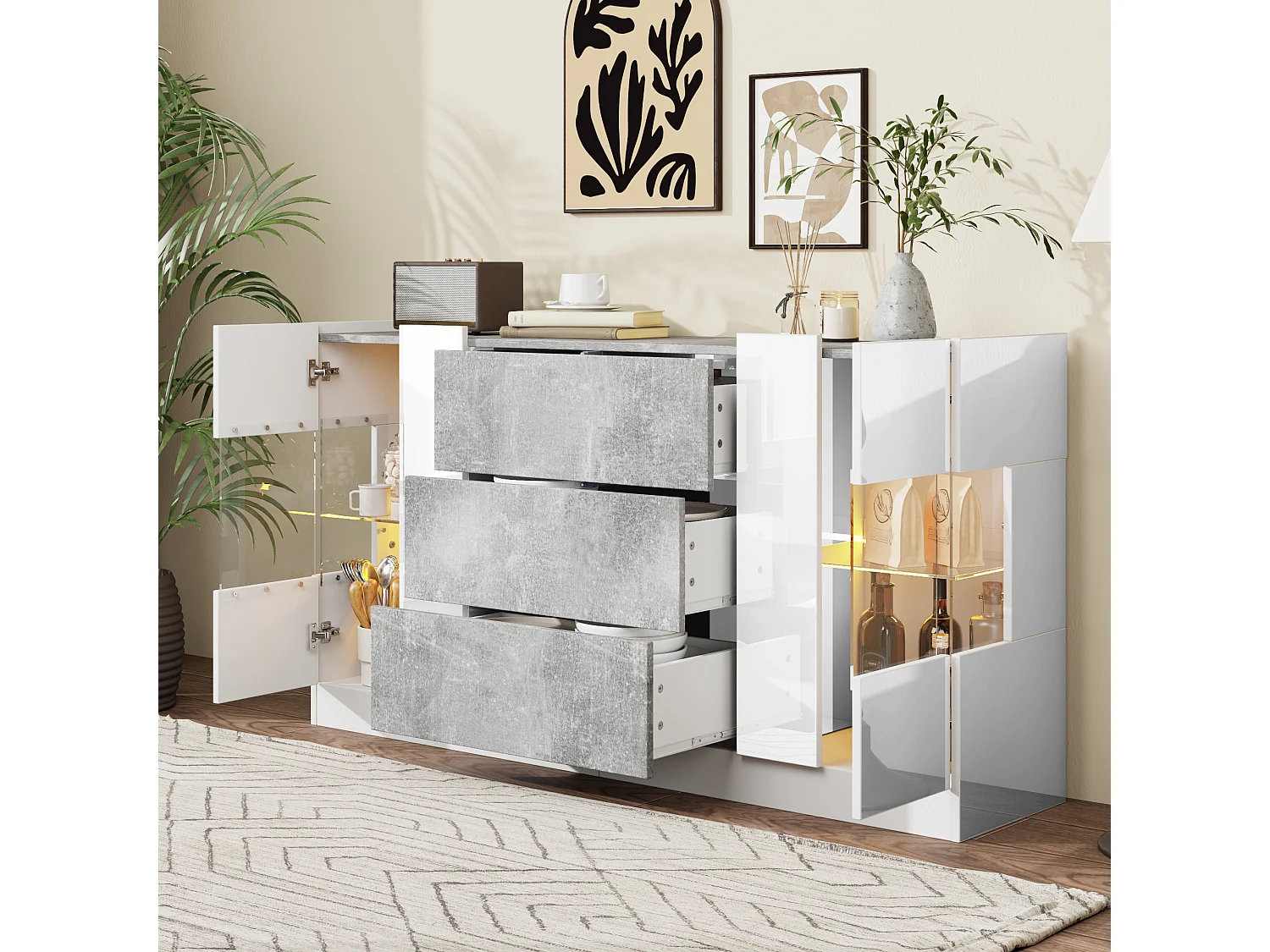 Dressoir met 2 deuren en 3 laden - 140 x 35 x 75 cm - MDF en glas - Glanzend wit en grijs marmerlook