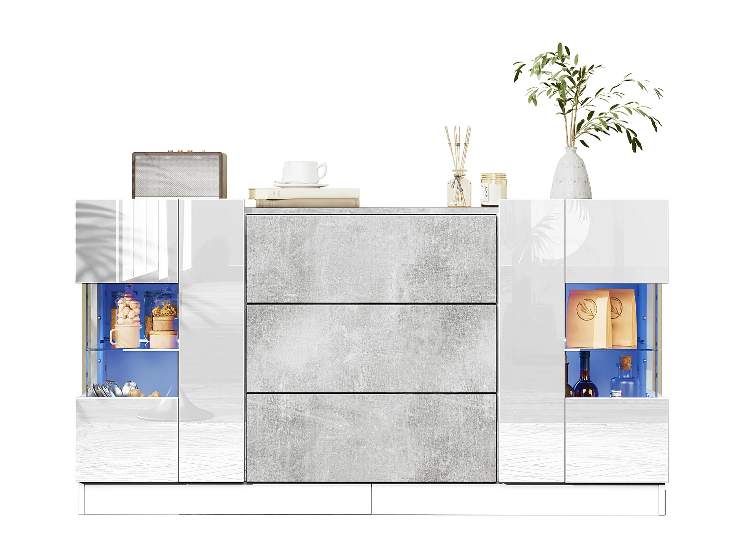 Dressoir met 2 deuren en 3 laden - 140 x 35 x 75 cm - MDF en glas - Glanzend wit en grijs marmerlook