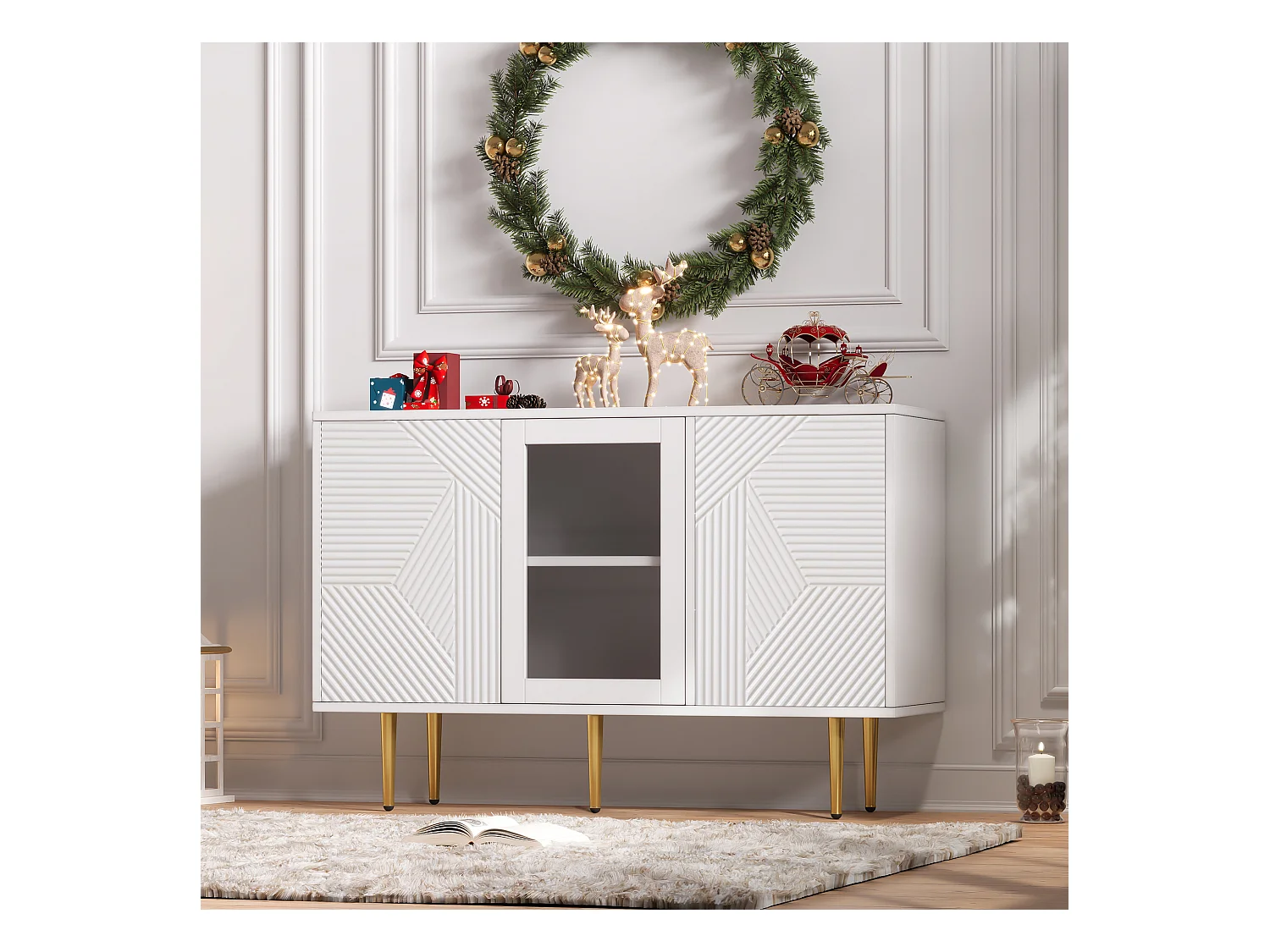 Buffet avec 3 portes - 120 x 38 x 79,5 cm - Panneau de particules et pieds en métal - Blanc