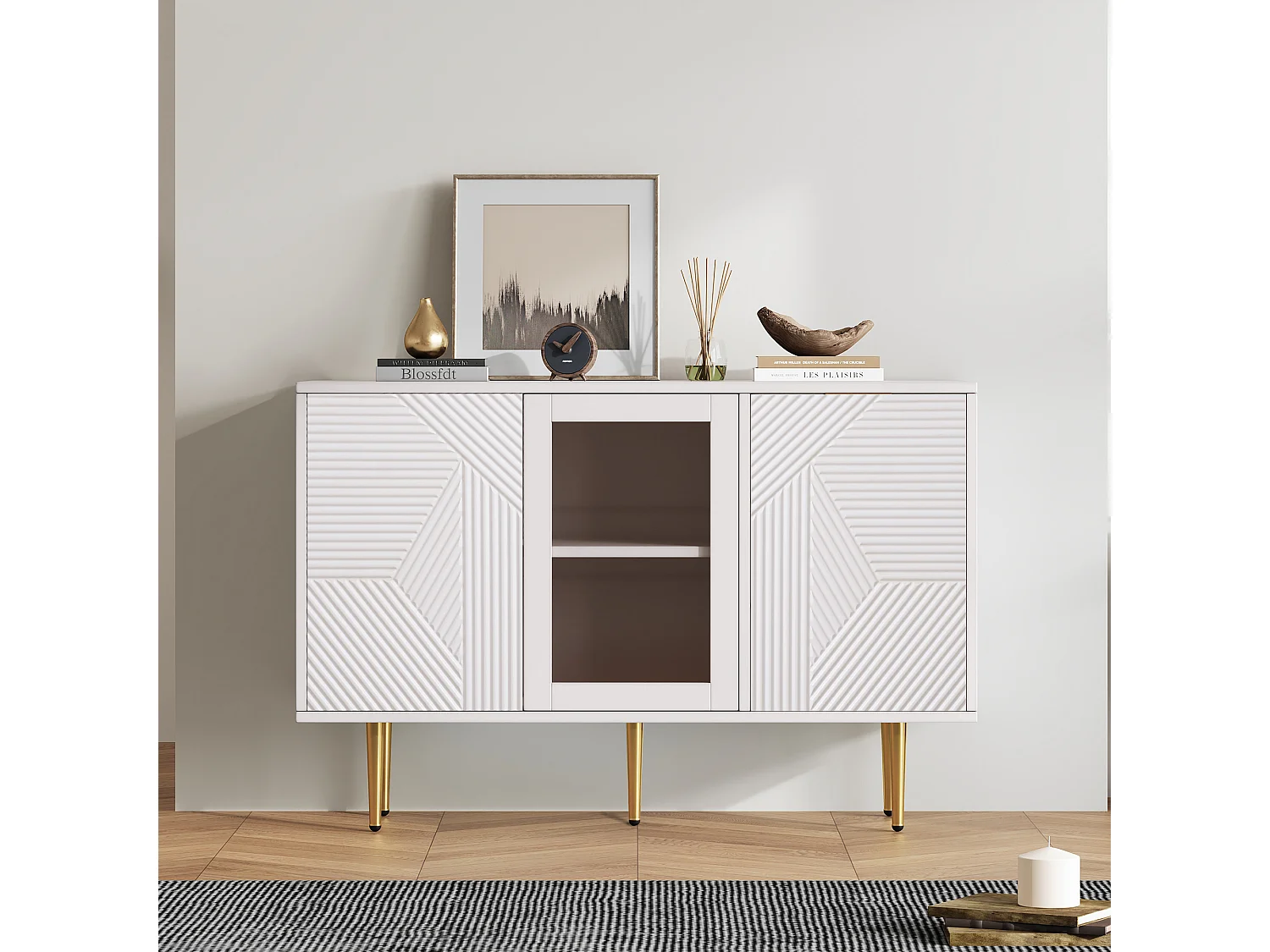 Buffet avec 3 portes - 120 x 38 x 79,5 cm - Panneau de particules et pieds en métal - Blanc
