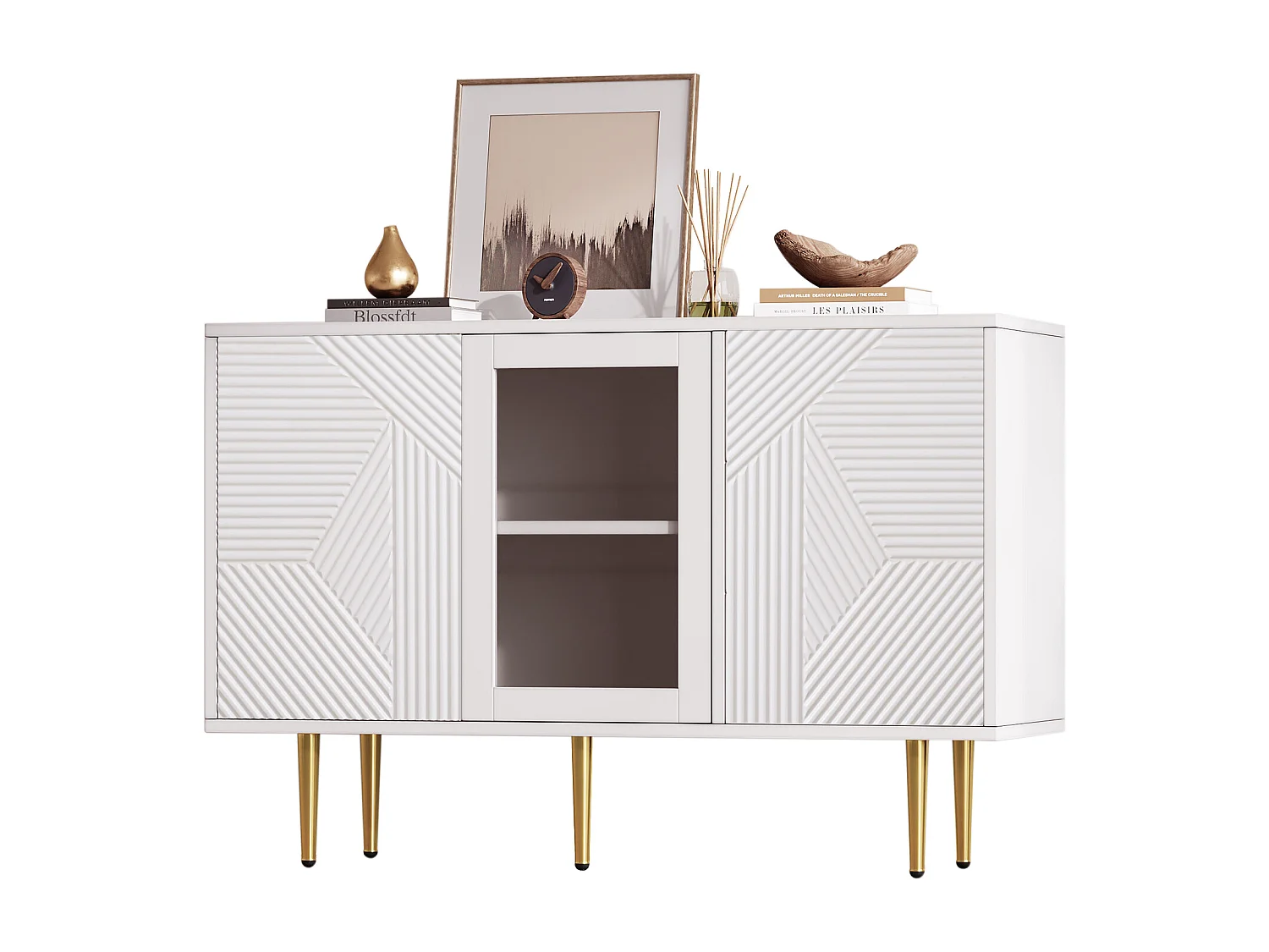 Buffet avec 3 portes - 120 x 38 x 79,5 cm - Panneau de particules et pieds en métal - Blanc