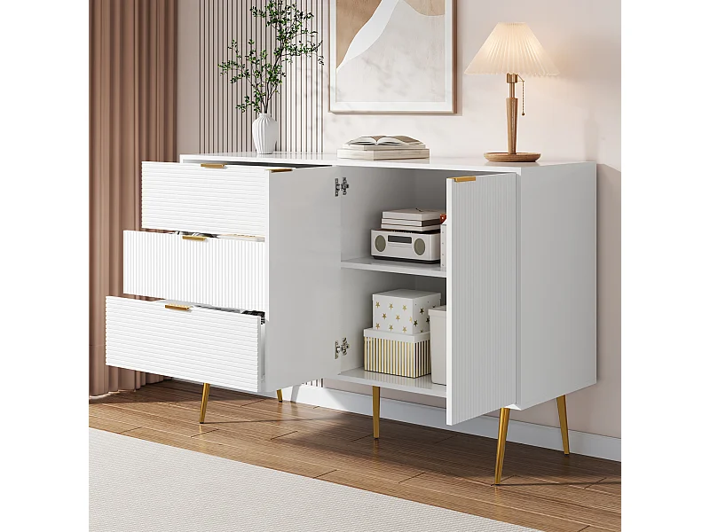 Buffet avec 2 portes et 3 tiroirs - 120 x 38 x 80.5 cm - Poignées et pieds dorés - MDF - Blanc et or