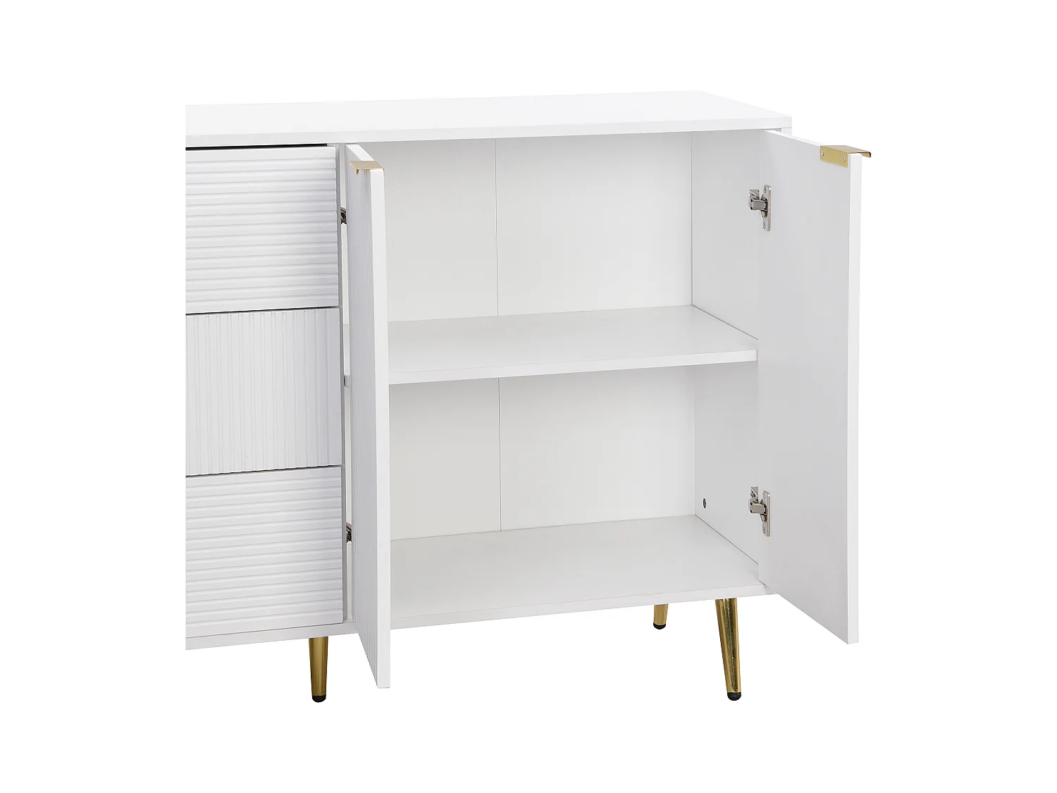 Buffet avec 2 portes et 3 tiroirs - 120 x 38 x 80.5 cm - Poignées et pieds dorés - MDF - Blanc et or