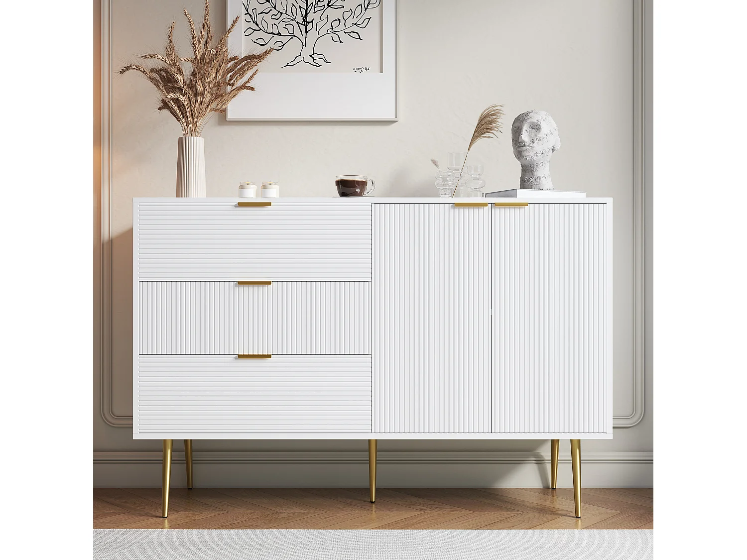 Buffet avec 2 portes et 3 tiroirs - 120 x 38 x 80.5 cm - Poignées et pieds dorés - MDF - Blanc et or
