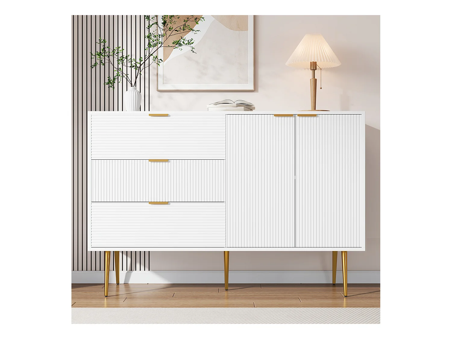 Buffet avec 2 portes et 3 tiroirs - 120 x 38 x 80.5 cm - Poignées et pieds dorés - MDF - Blanc et or